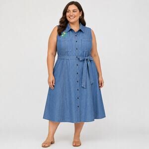 ModCloth Shared‎ Vision Chambray Denim Shirt Dress 3X Floral Embroidered Cottage